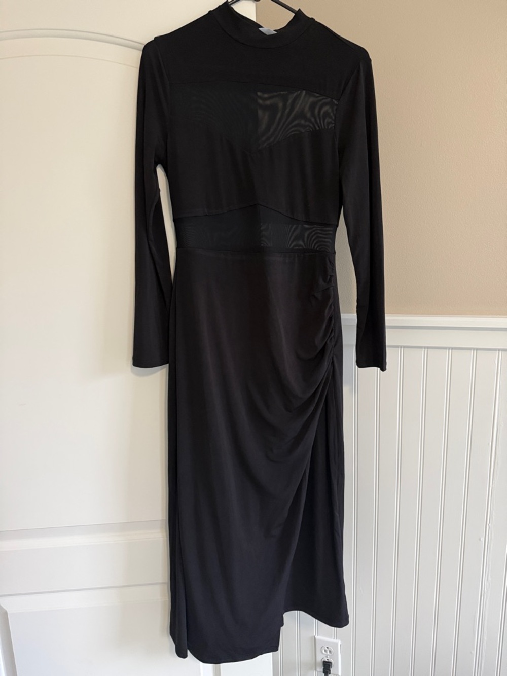 Elegant Black Long-Sleeve Midi Dress with Sheer Panel Accents